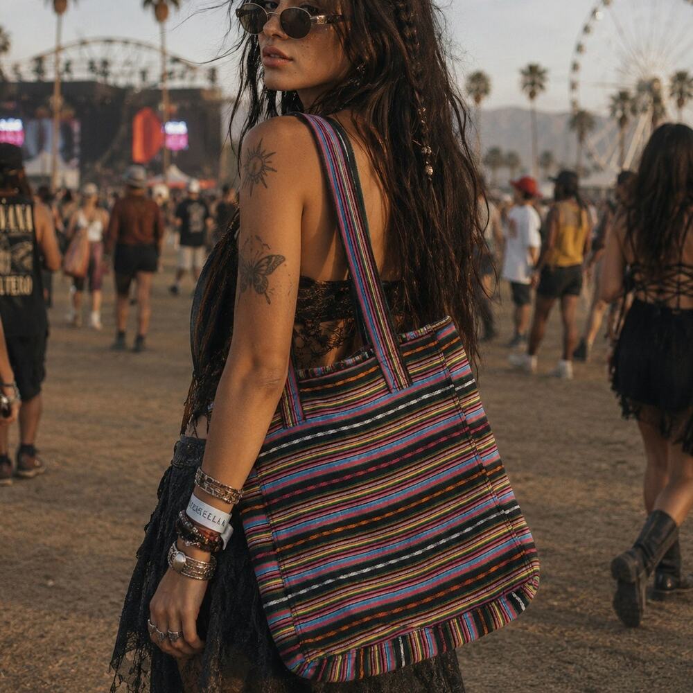 Leenie American Studio Tote Bag Gheri Woven Stripe Rainbow Y2K Grunge Boho